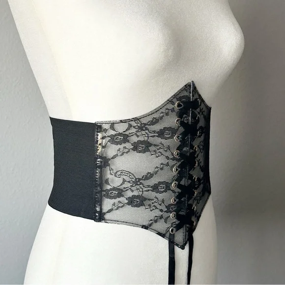 Romantic Black Lace Corset Style Waist Belt Stretch Snap Back Closure Size Small - Picture 6 of 12
